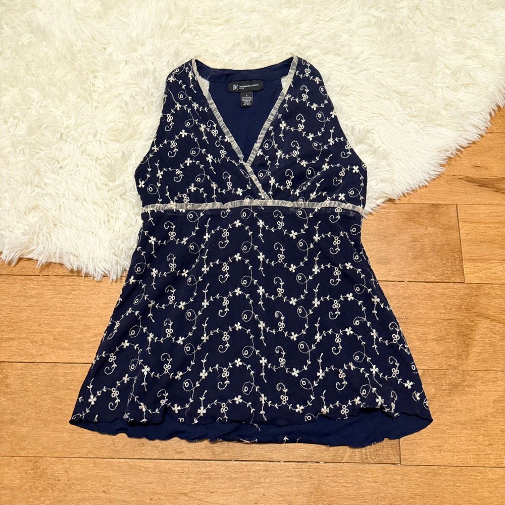 INC International Concepts Navy Floral Embroidered Mesh Top Petite Small Y2K